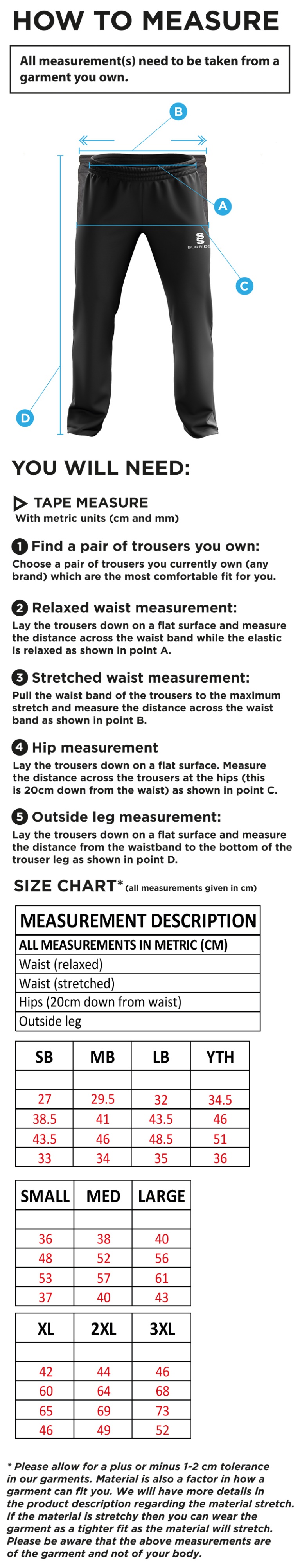 middlewich cc Rip Stop Track Pant : Navy - Size Guide