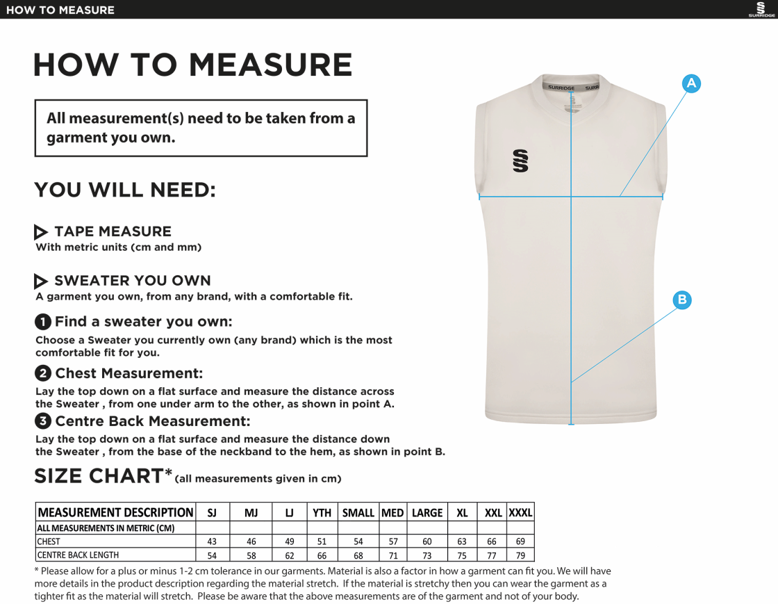 MIDDLEWICH CC Blast Sleeveless Cricket Sweater - Size Guide