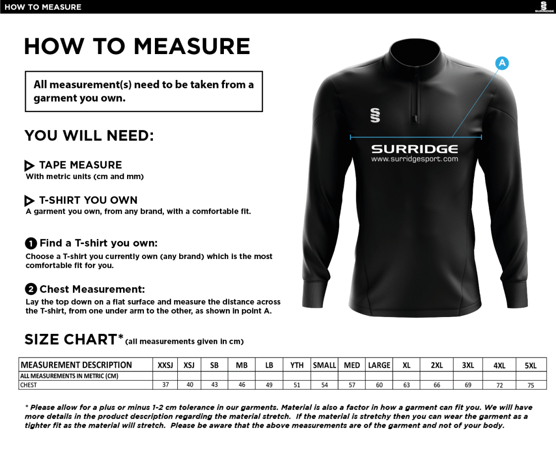 middlewich cc 1/4 Zip Dual Performance Top : Navy - Size Guide