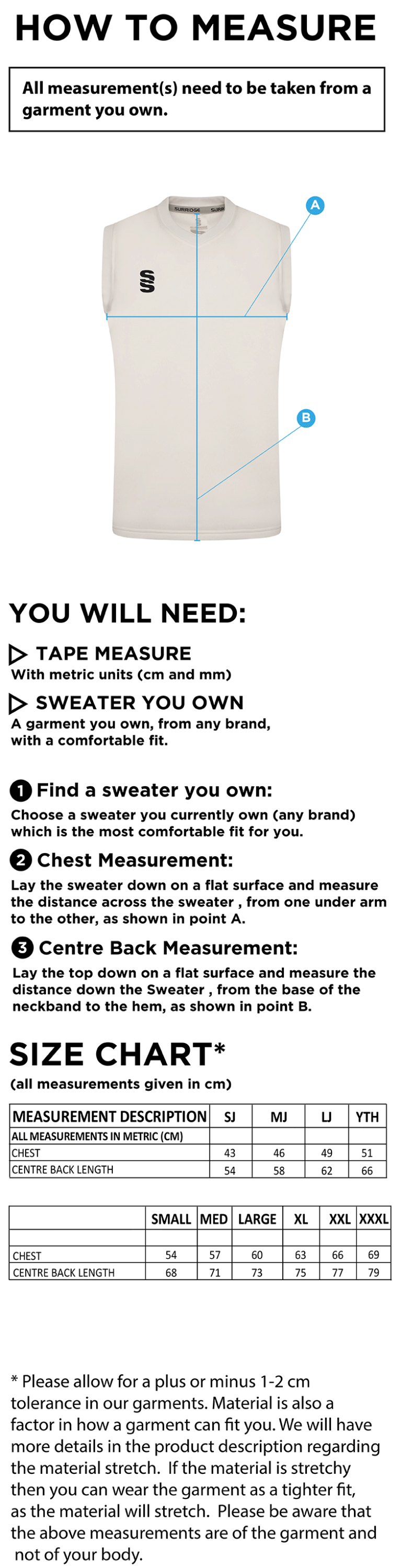 MIDDLEWICH CC Blast Sleeveless Cricket Sweater - Size Guide