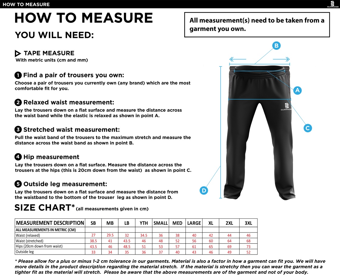 middlewich cc Rip Stop Track Pant : Navy - Size Guide